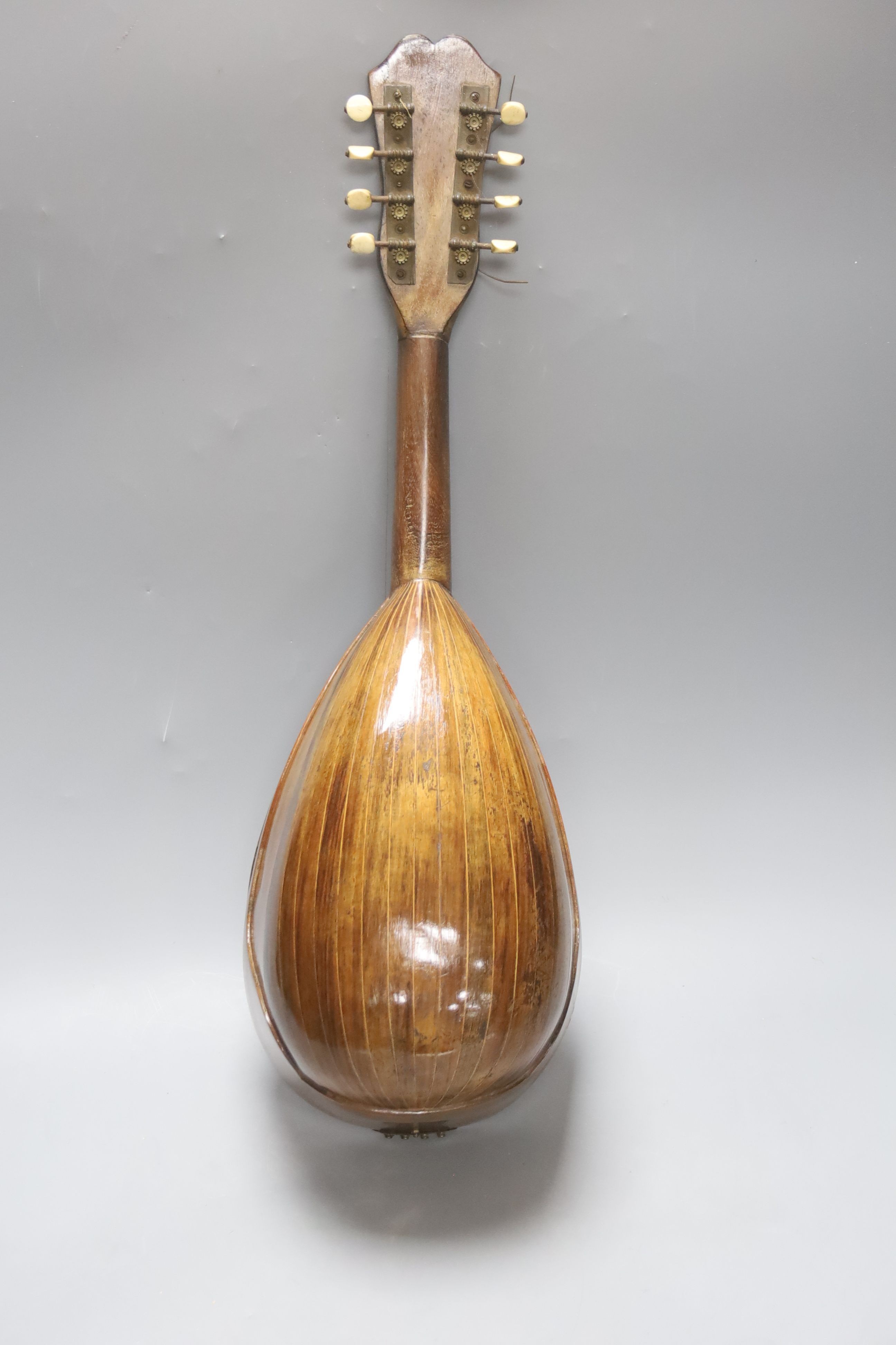 A late 19th century Neapolitan inlaid bowl mandolin, labelled to interior Paolo Valiani, 59cm.